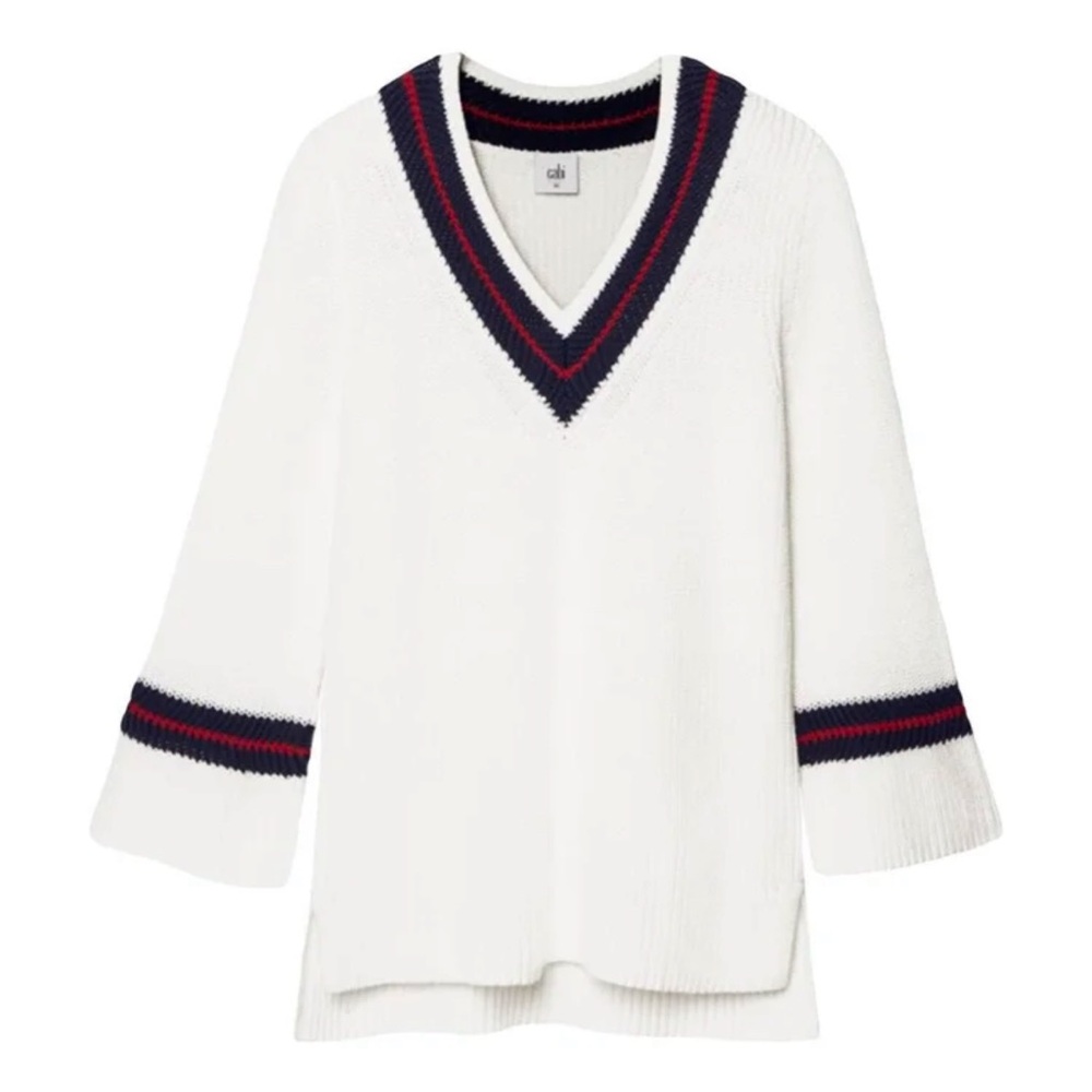 NWOT CAbi Ace Pullover White V-Neck Sweater with Navy and Red Trim